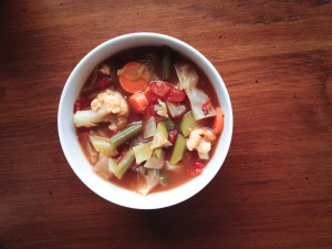 View of "miracle veggie soup" in a bowl overhead